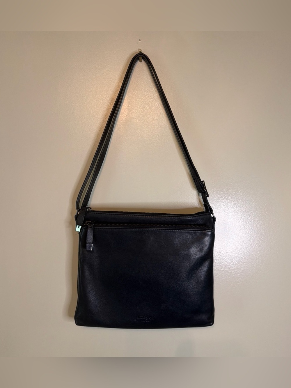 Margot Black Leather Crossbody Shoulder Bag Double Zip Organizer Purse